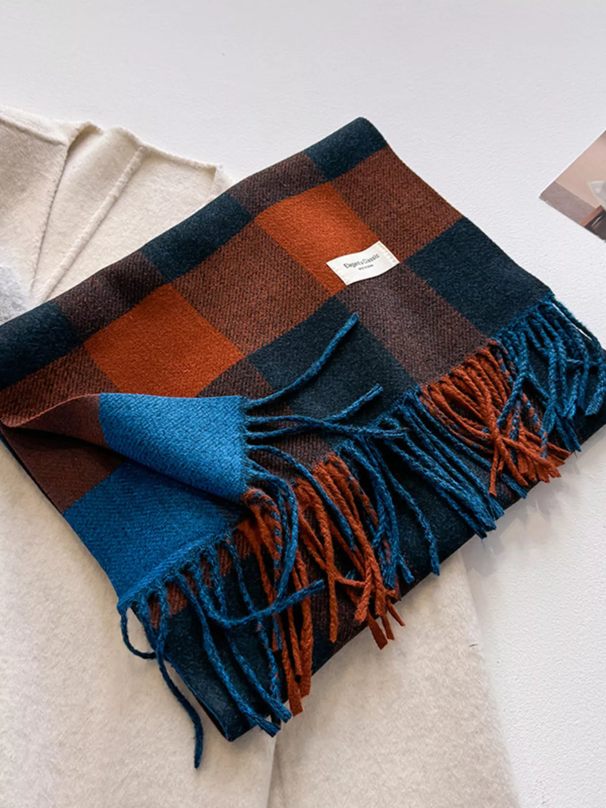 Color Block Plaid Fringe Blanket Scarf