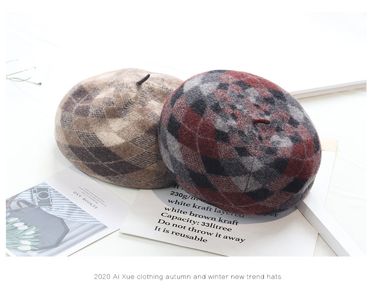"Pandaize Autumn/Winter Beret Hat: Wool Brim Hat with Vintage Touch - Warm, Stylish, and Artistically Patterned"