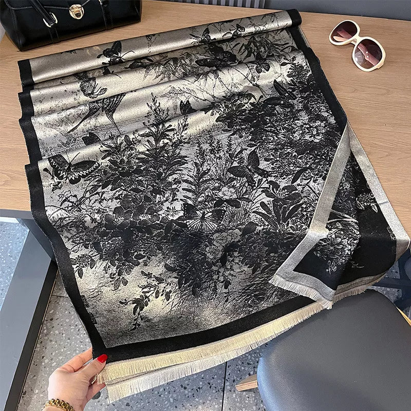 Butterfly Print Raw Hem Cotton Scarf