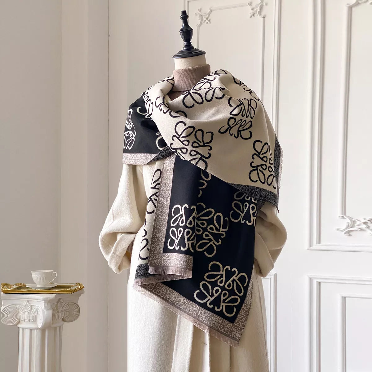 Black Printed Raw Hem Winter Scarf