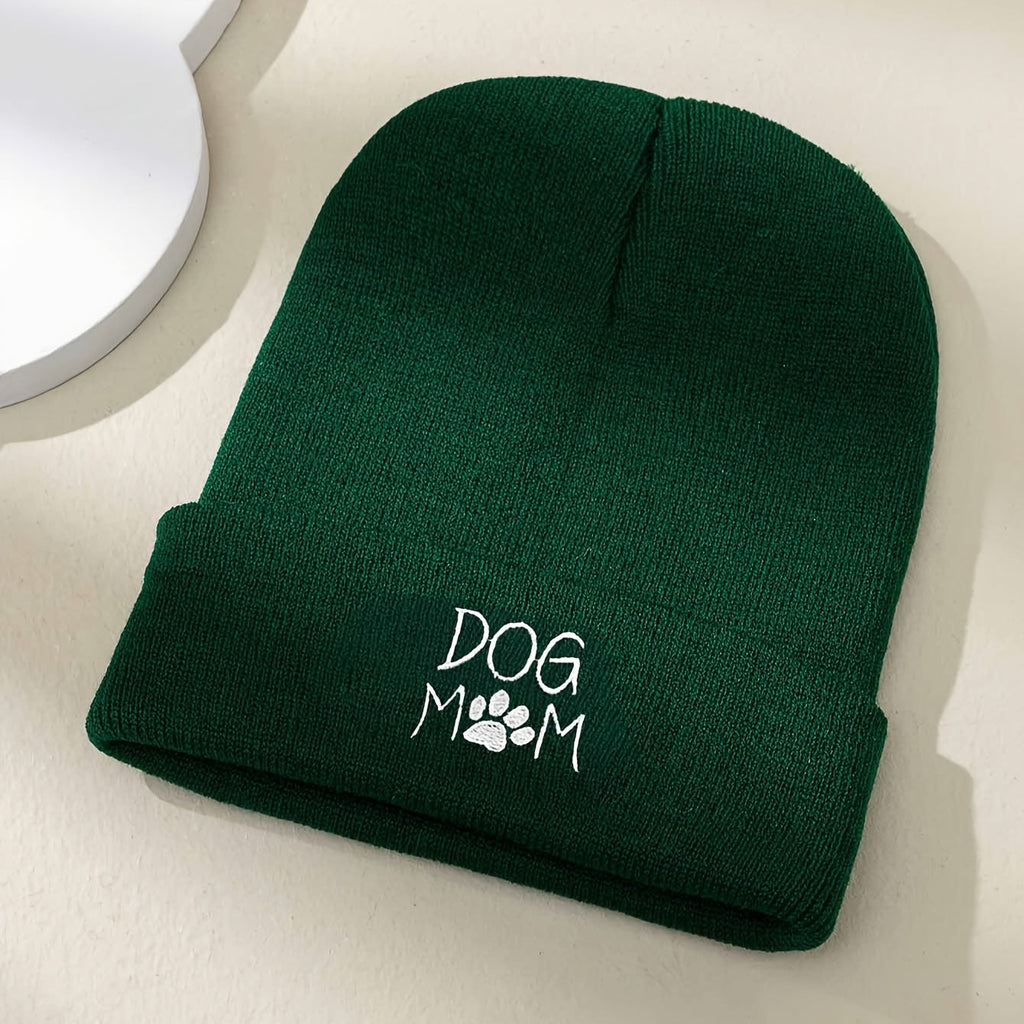 Pandaize Dog Mom Embroidery Beanie - Casual Knit Hat for Autumn & Winter