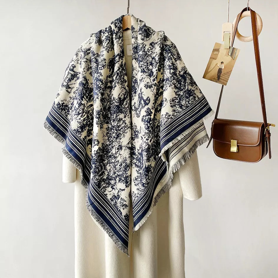 Peacock Blue Toile Printed Raw Hem Scarf