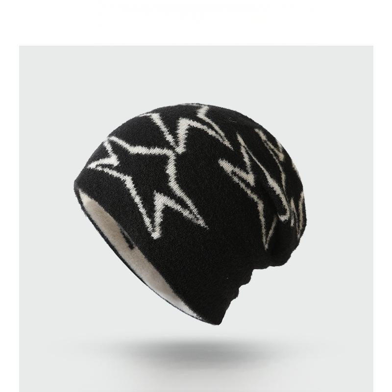 Double-Sided Fleece Knitted Beanie - Star Jacquard Warm Ear-Flap Cap - Unisex Casual Slouchy Hat