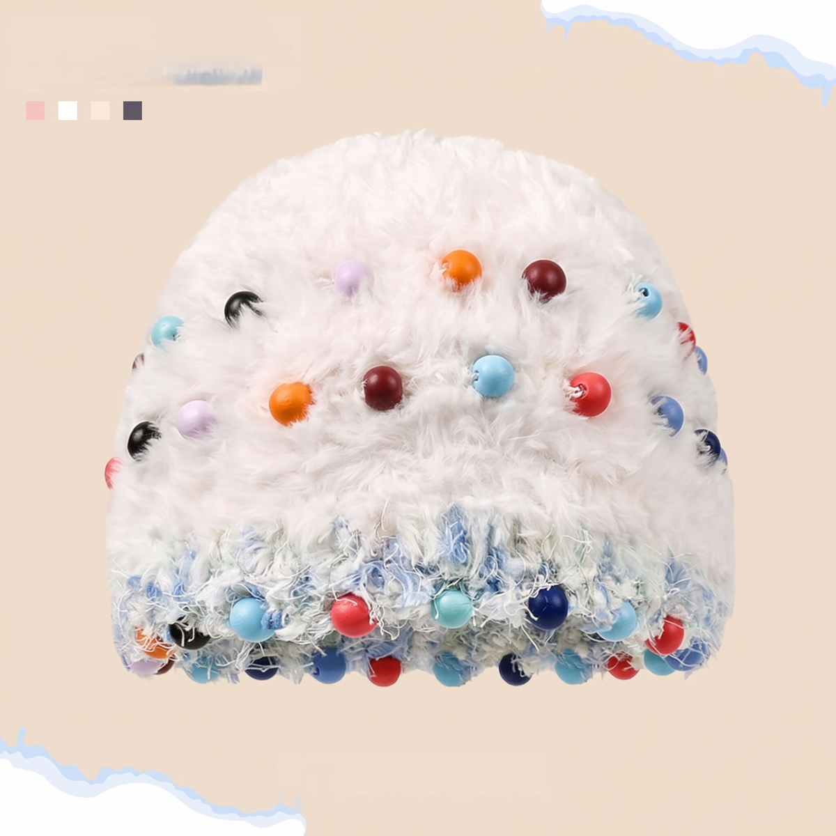 Fuzzy Knitted Beanie with Colorful Beads - Face-Flattering Winter Hat - Unisex Cute Headwrap Cap