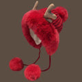 Women's Retro Christmas Knit Beanie - Cute Antler & Pom Pom, Fleece-Lined Ear Warmers for Winter Warmth