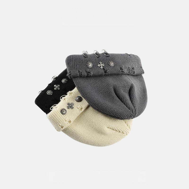 Vintage Cross Knit Beanie - Distressed Style, Punk Streetwear, Warm for Outdoor & Gatherings