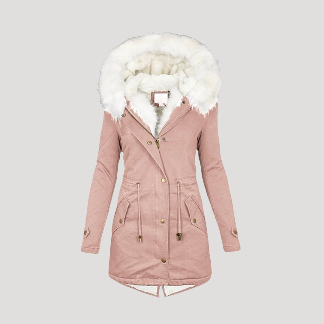 Ladies Warm Parka Coat with Faux Fur Hood and Waist Belt