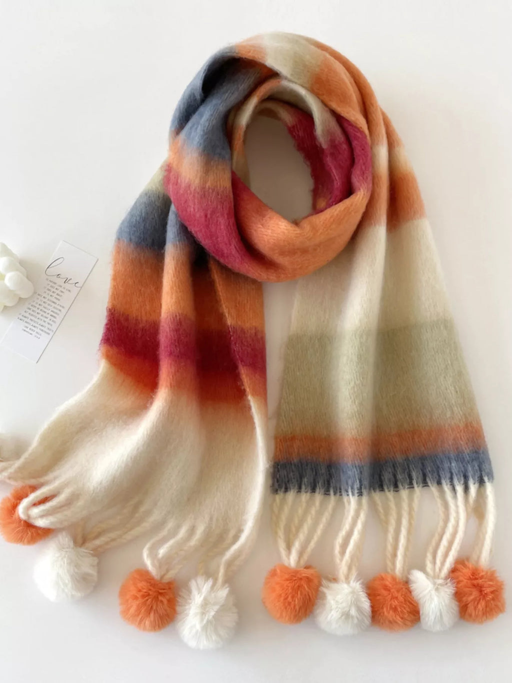 Rainbow Striped Fuzzy Pom Pom Scarf