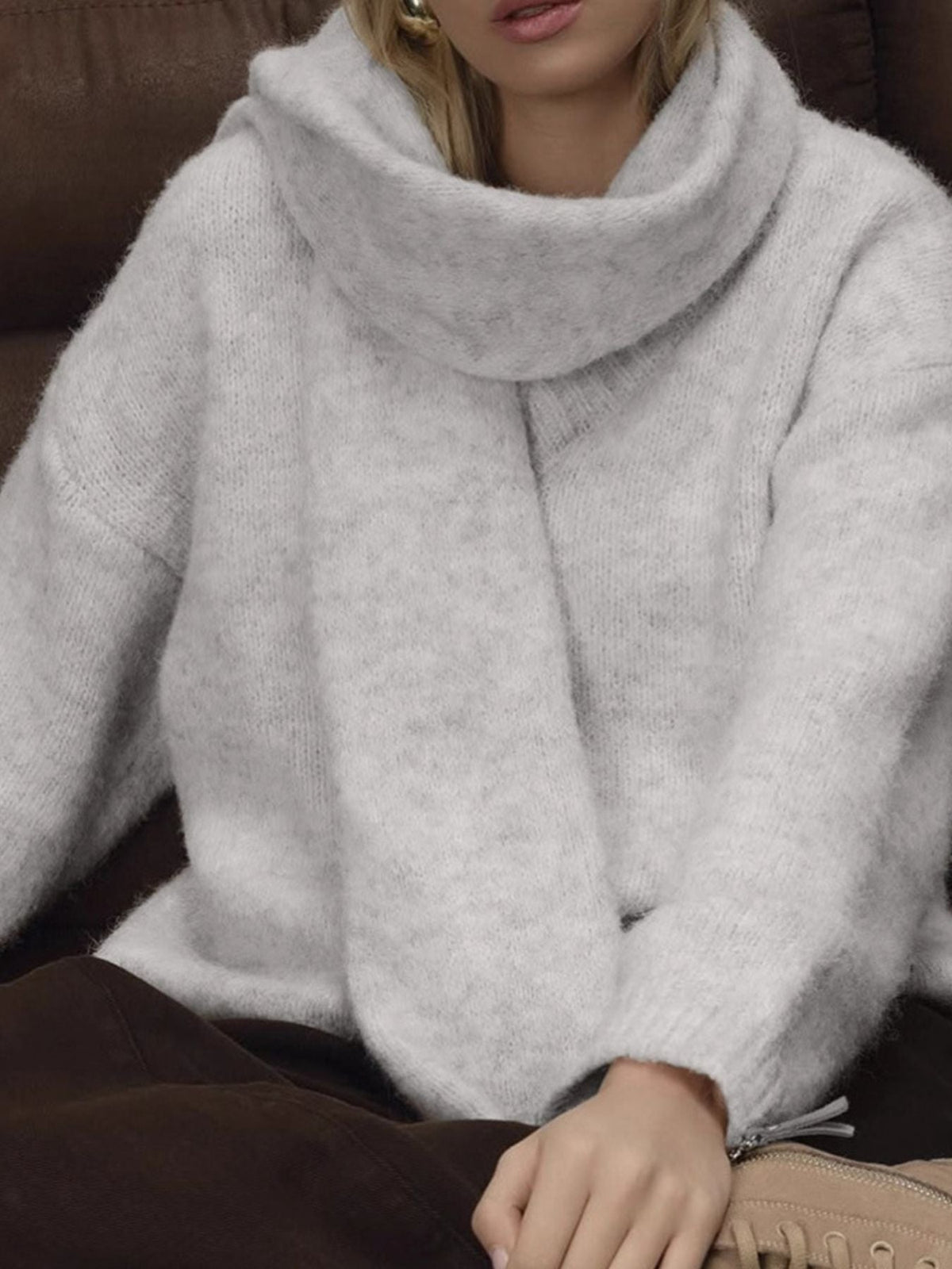 Oversized V Neck Dropped Shoulder Sweater with Scarf