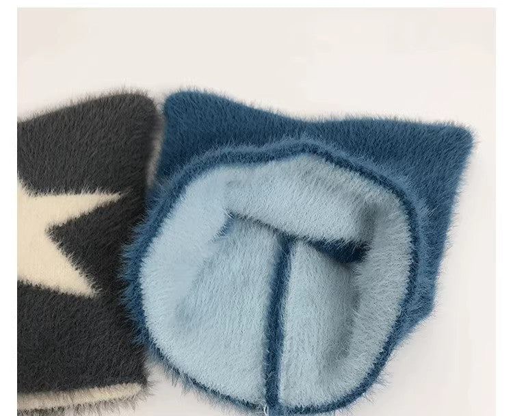Cozy Star Cat Ear Beanie: Warm Wool Blend Hat for Autumn/Winter