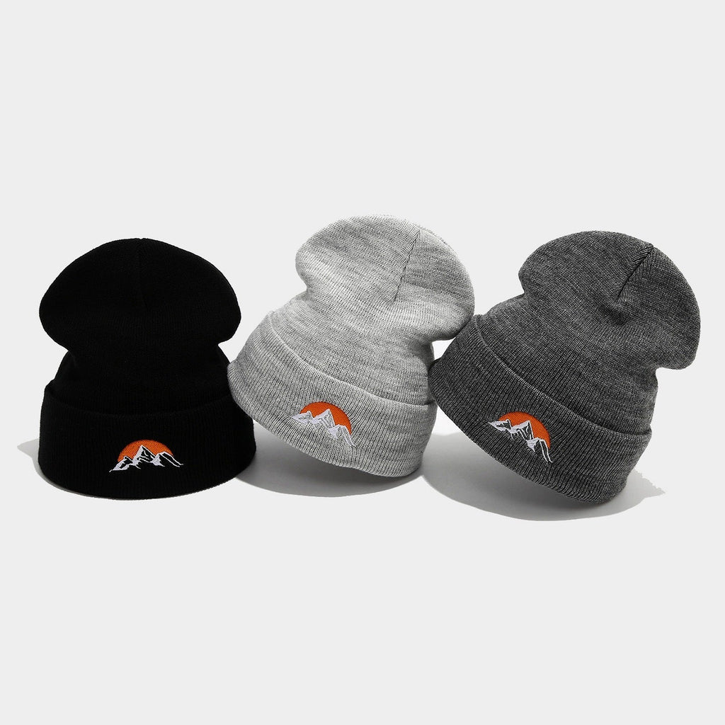 Embroidered Mountain Sun Beanie - Warm Knit Hat