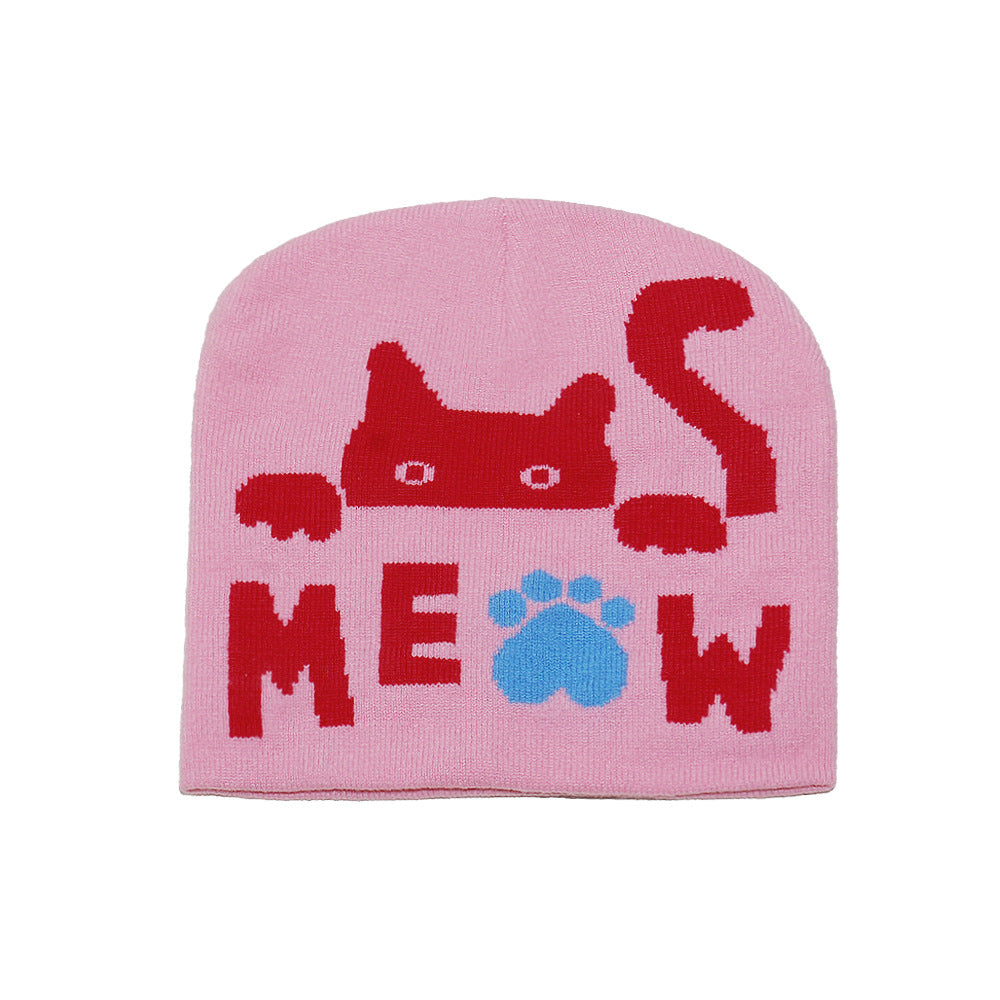 Cute Cat Jacquard Knit Beanie - Cozy Winter Hat