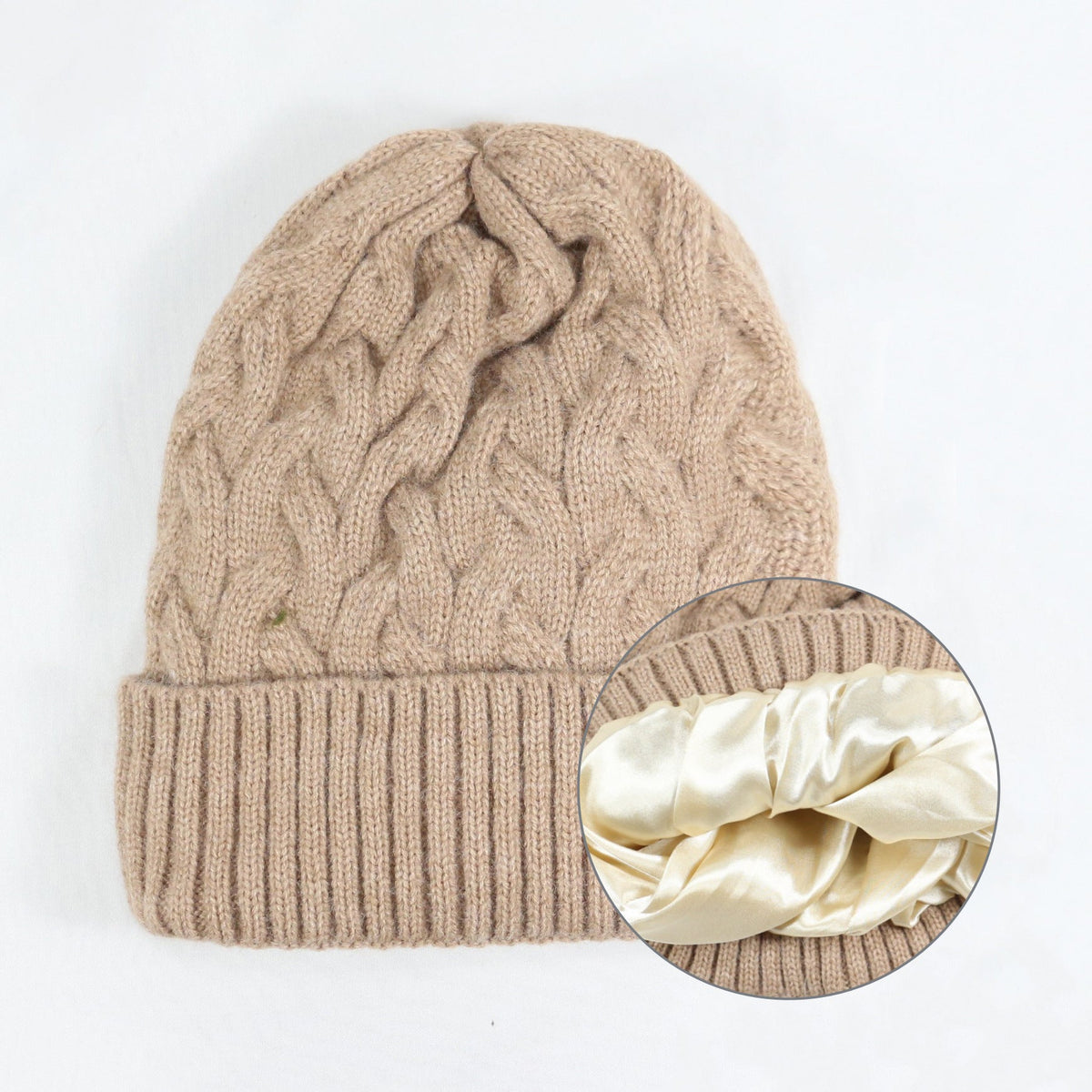 Cashmere Blend Cable Knit Beanie - Satin Lined