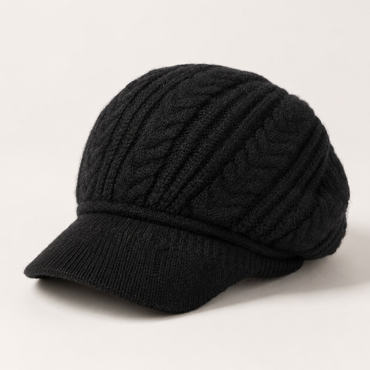 Fleece-Lined Knit Beret with Brim for Women