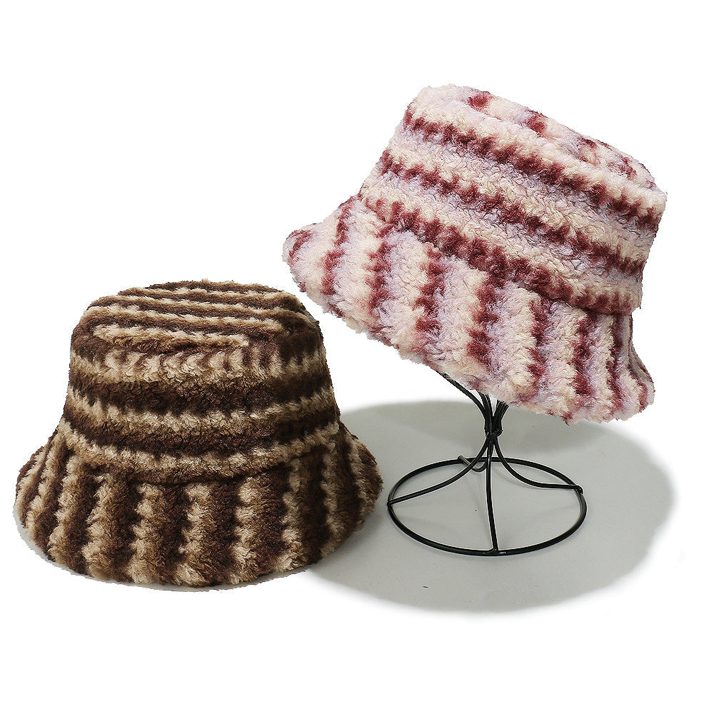 Cozy Lamb Hair Plush Fisherman Hat - Gradient Stripes