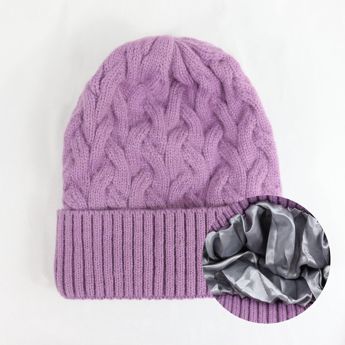 Cashmere Blend Cable Knit Beanie - Satin Lined