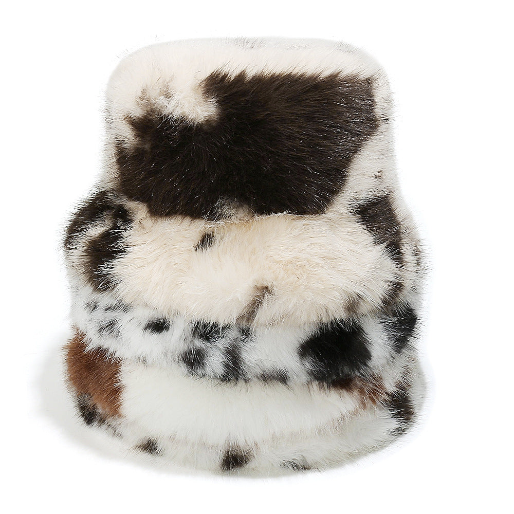 Cozy Cow Print Faux Fur Fisherman Hat