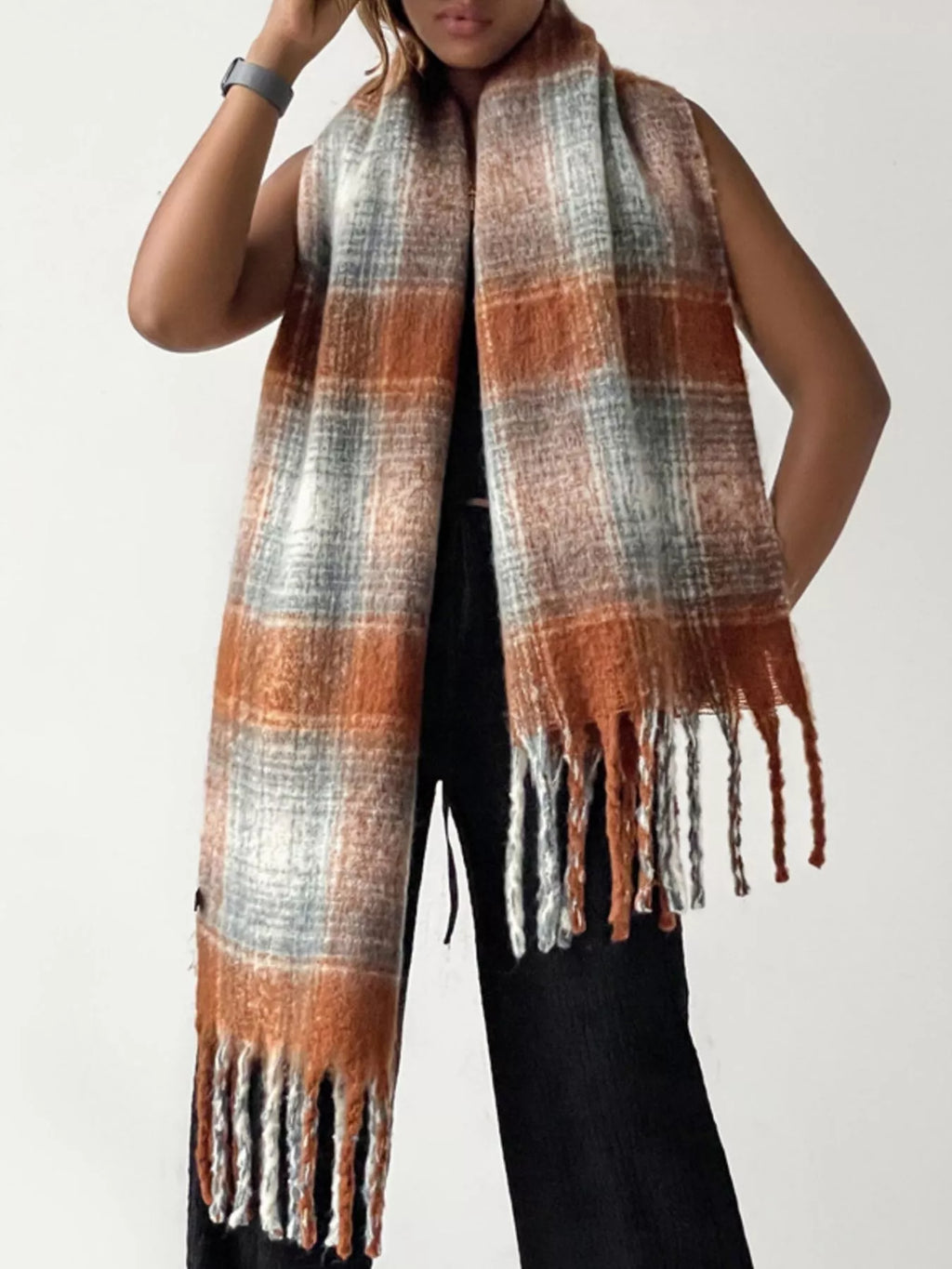 Oversized Sherbet Plaid Fringe Blanket Scarf