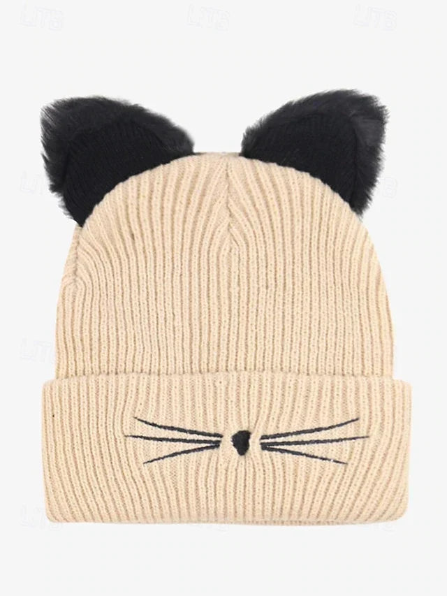 Women's Cute Cat Ear Beanie – Burgundy Knit Hat with Faux Fur Ears and Whisker Embroidery, Cozy and Stylish Winter Accessory