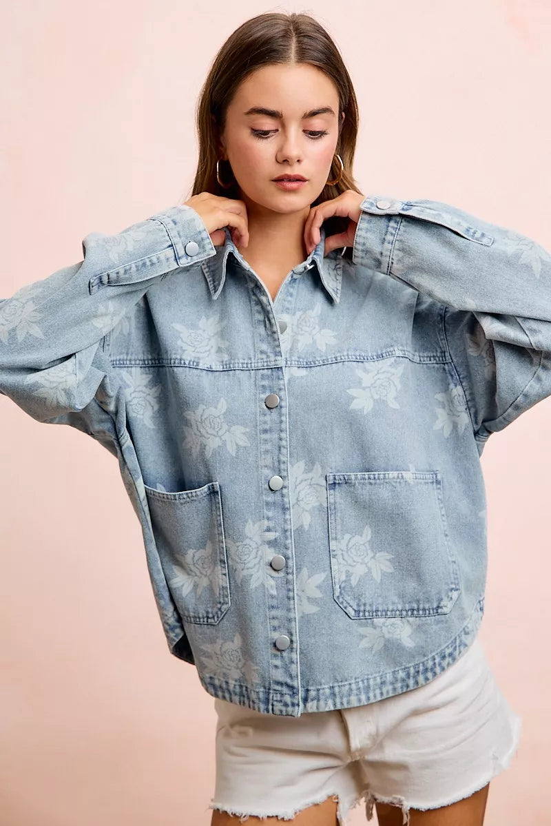 Floral Print Washed Denim Jacket