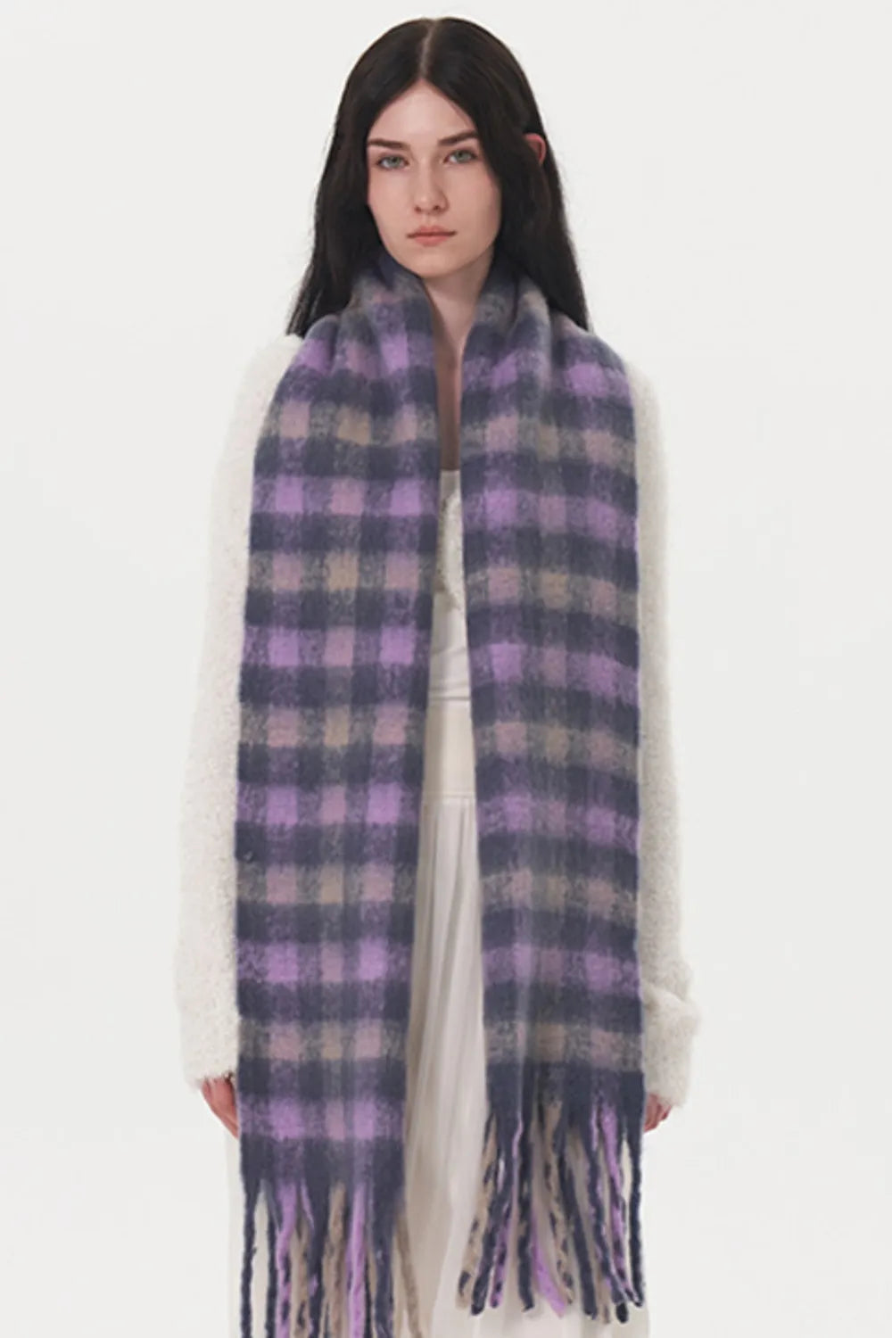 Lilac Chunky Fringe Plaid Polyester Scarf