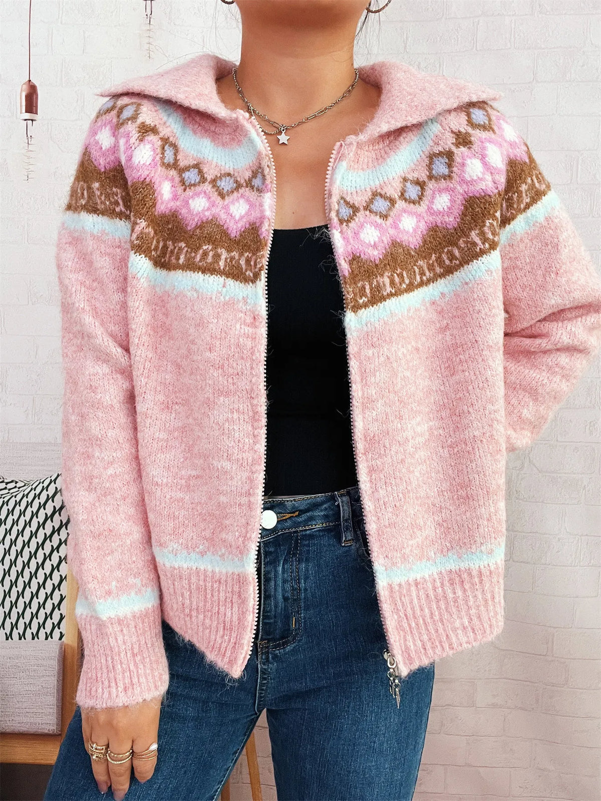 Fair Isle Zip Up Cardigan