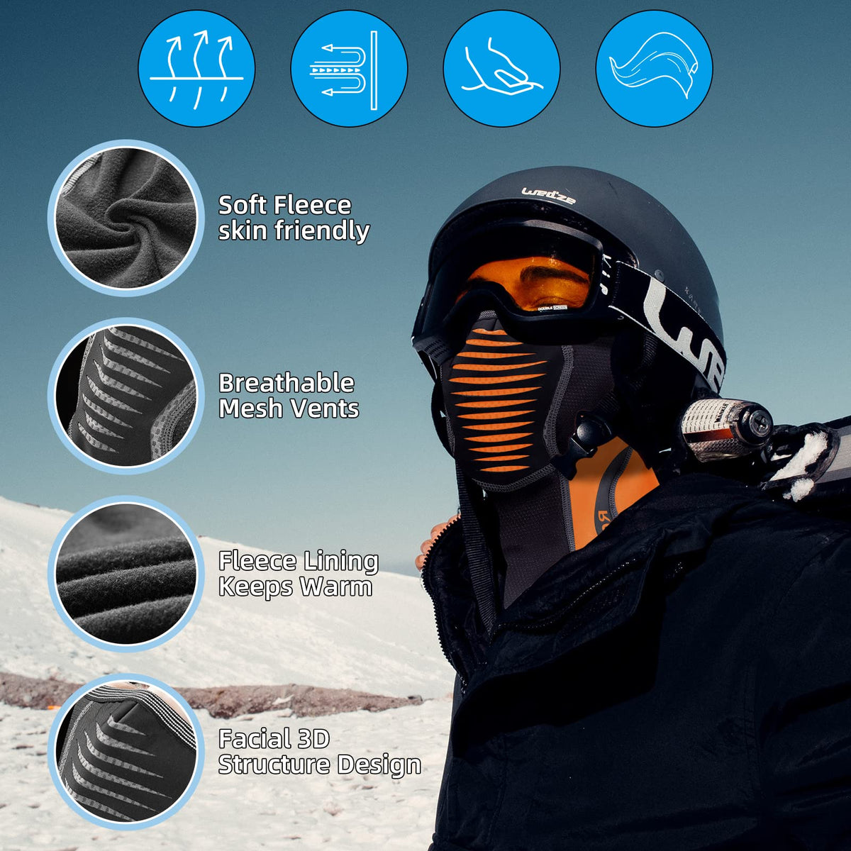 ROCKBROS Ski Mask Winter Balaclava Windproof Fleece Thermal Neck Gaiter