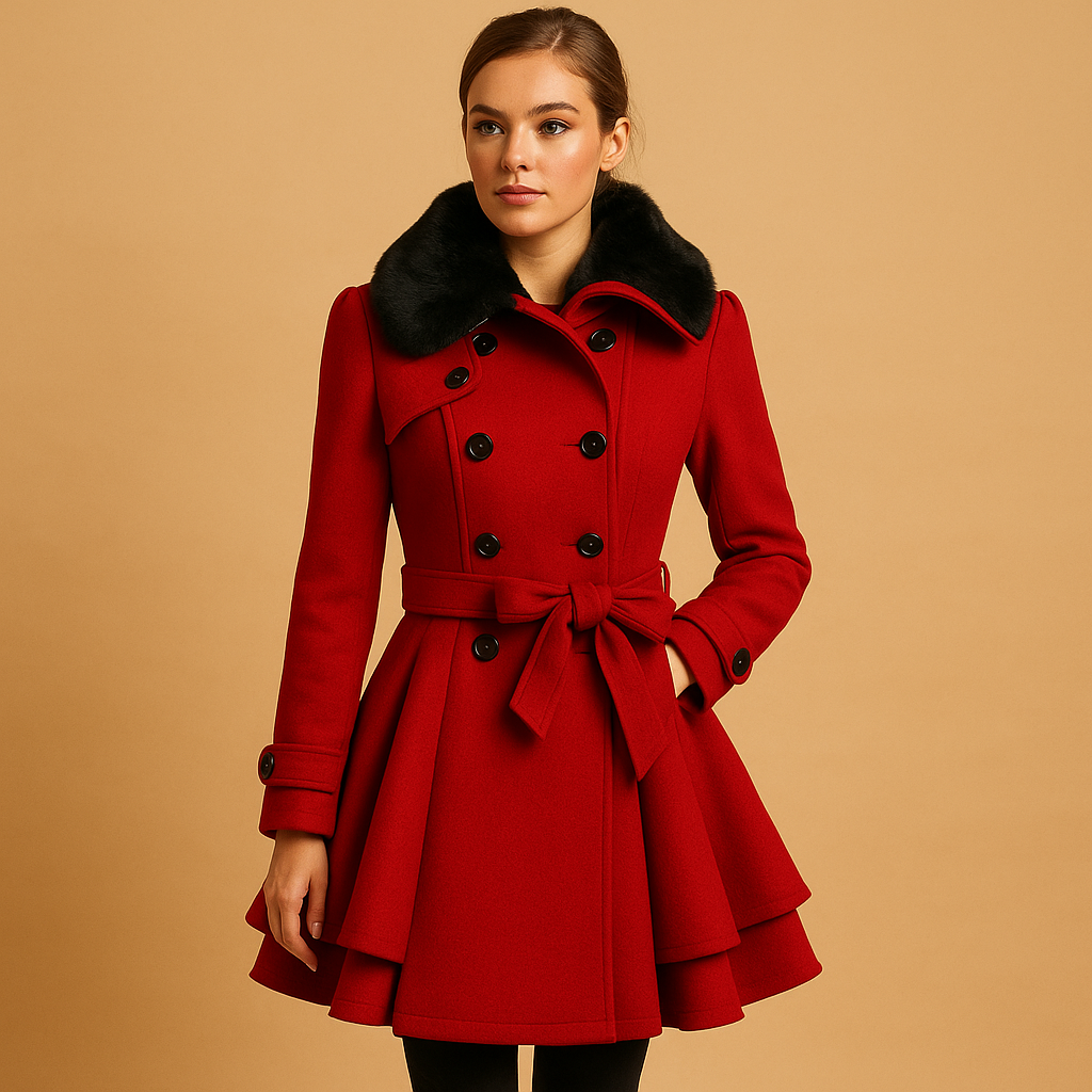 Long winter coat with faux fur collar for women | Elara