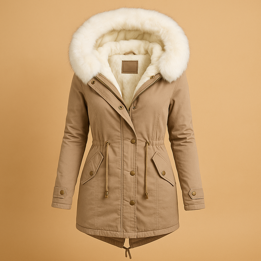 Long winter coat with faux fur hood for women | Amara