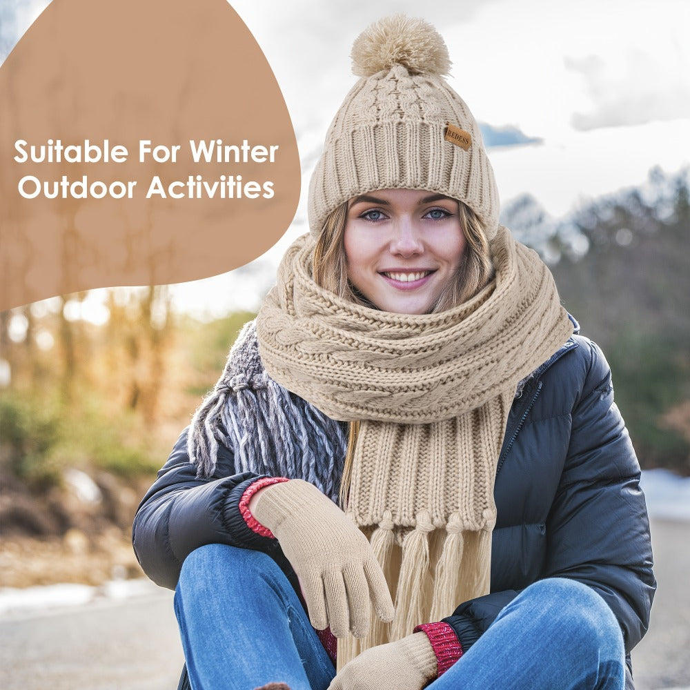 Winter Accessories Set – Winter Hat Scarf Gloves Set for Women 3 Piece Warm Suede Touch Coordinated Cold