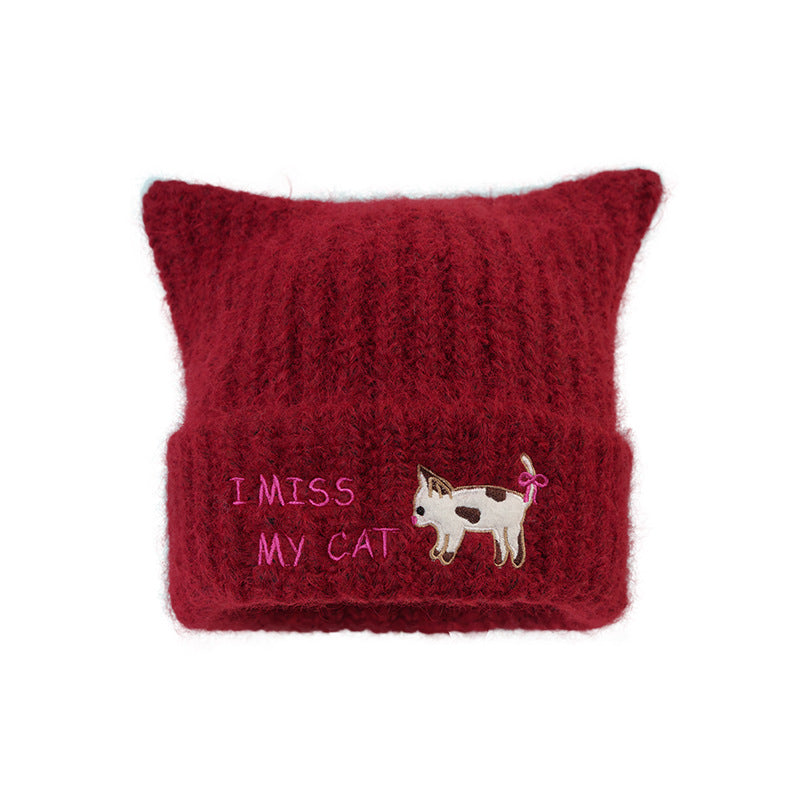 Women's Embroidered Cat Knitted Beanie, Autumn Winter Ear-Warming Cute Woolen Cap